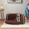 30" Brown Round Pet Sofa, Dog sofa, Dog bed, Cat Bed, Cat Sofa, with Wooden Structure and Linen Goods White Roller Lines on the Edges Curved Appearanc