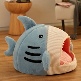 Washable Shark Cat House Cute Pet Sleeping Bed Warm Soft Cat Nest Kennel Kitten Cave (Color: Blue, size: M 49x45x33 cm)